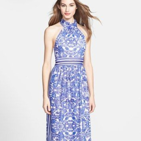 blue and white halter dress